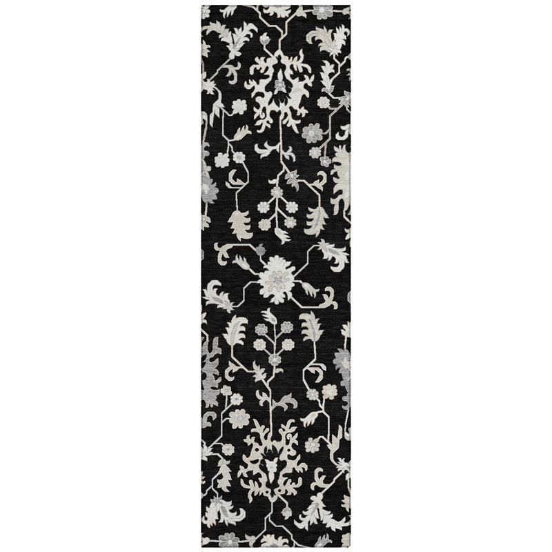 Machine Washable Indoor/Outdoor Xhevrie Black Rug, Runner 2'3" x 7'6"