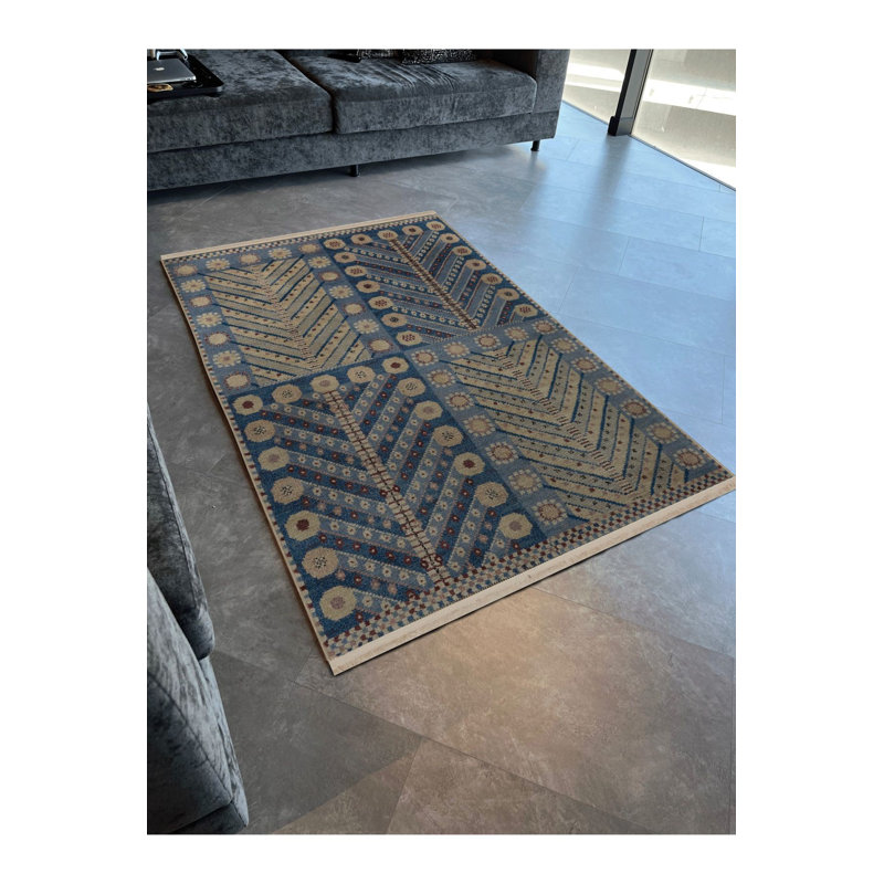 Tapis bleu lavable à motifs géométriques, Sous-tapis rectangulaire de 3 pi 3 po x 4 pi 11 po