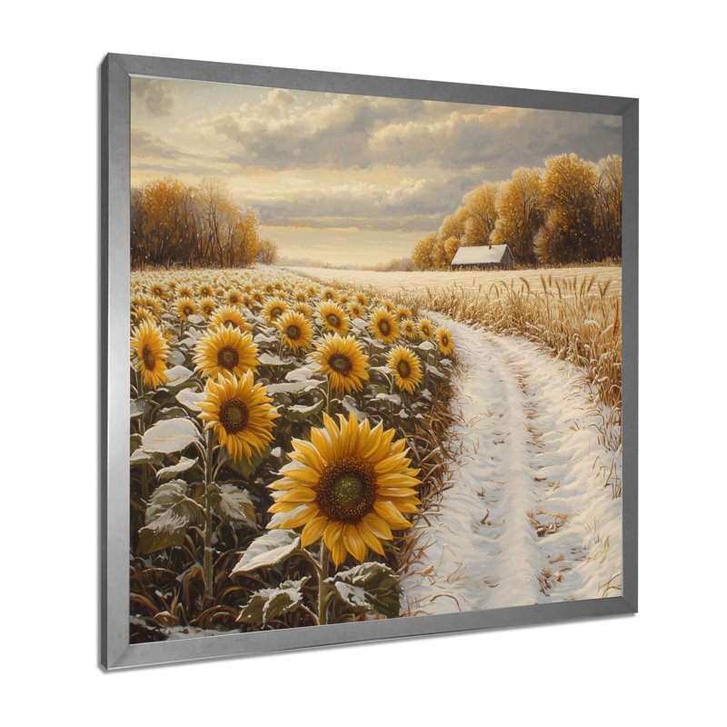 Donnitta tournesols le long du chemin enneigé I - Art mural de tournesols pour le salon, H 36 po x l 36 po, Argent