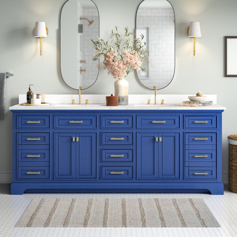 Zoila 84 " W Freestanding Standard Free Standing 2 Double Vanity Bathroom Vanity With Quartz Top, Blue