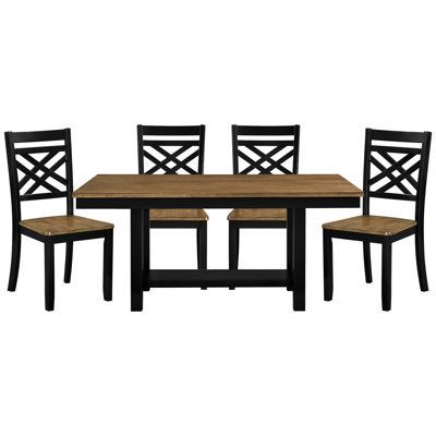 Table de salle à manger moderne 5 pièces avec table rectangulaire à 2 tons brun noir avec rangement et 4 sièges de base en tréteaux pour les repas de famille