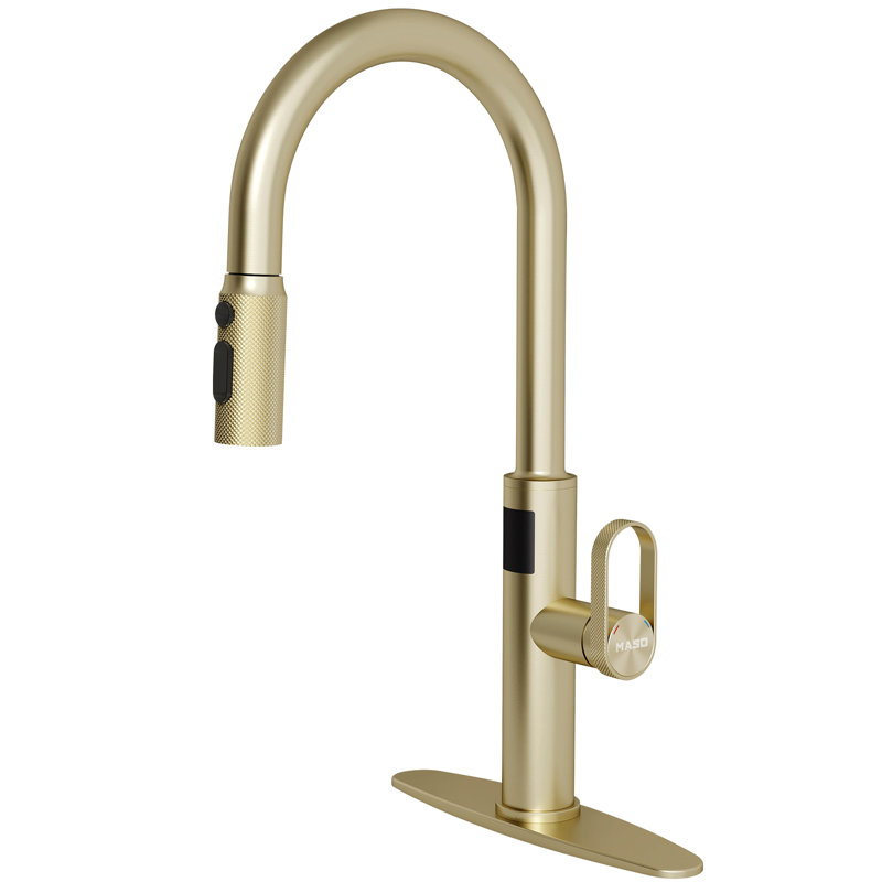 MASO Touchless Kitchen Faucet with Pull-Down Sprayer, Fahrenheit Temperature Display, 3 Spray Modes, 360° Swivel, Commercial Modern Faucet for RV, Farmhouse, Camper, Laundry & Bar,Brushed Gold