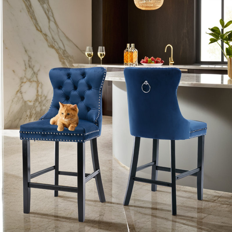 Velvet Nailhead Wing Back Counter Height Barstools(Set of 2), Black, Navy