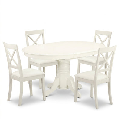 Ensemble de salle à manger ovale 5 pièces en hévéa massif blanc lin avec chaises à dossier croisé en forme de feuille de papillon et piètement central