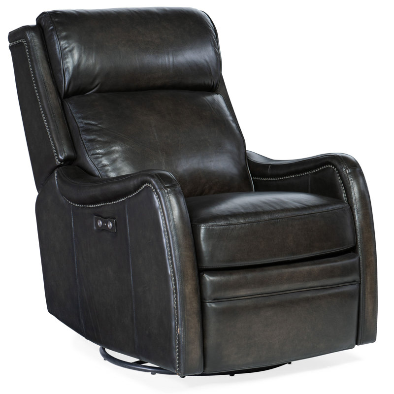 Sulema Leather Swivel Power Recliner, Cuir véritable brun foncé