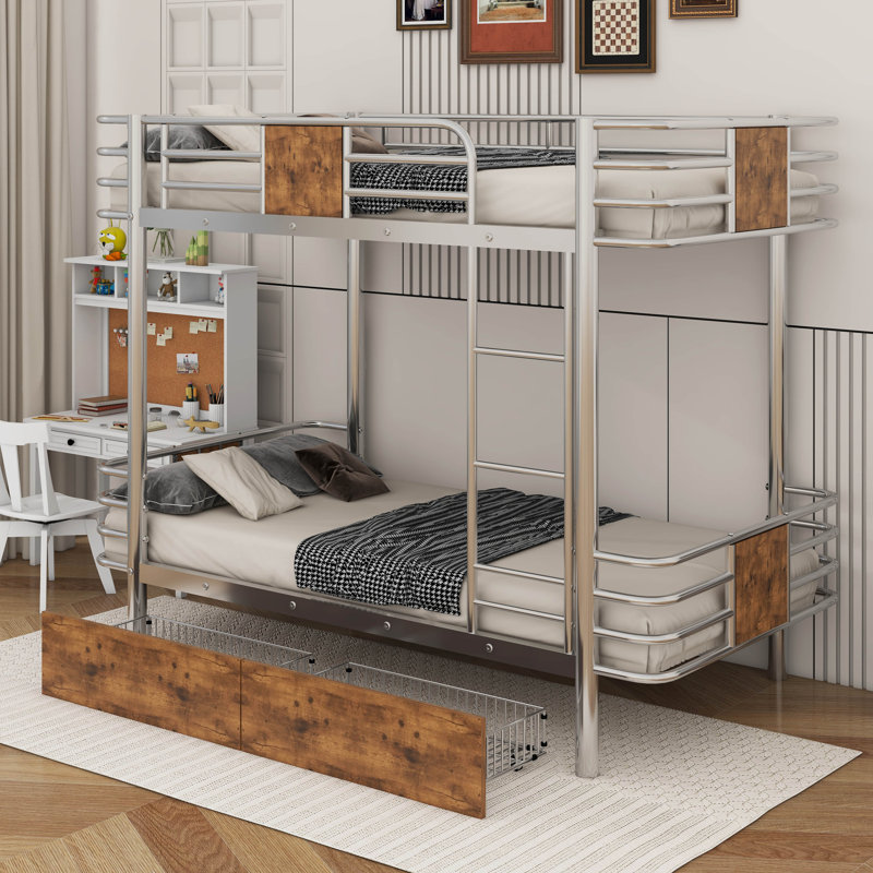 Twin XL Over Twin XL Metal Bunk Bed With Drawers, Silver