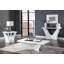 Table de canapé contemporaine à finition blanche avec plateau ultrabrillant et insert en verre trempé, base géométrique