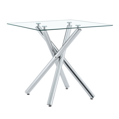 Modern Electroplated Metal Leg Bar Table with Tempered Glass Top, Sturdy Cross-Leg Pub Table for Home Bar, Kitchen Island, Living Room
