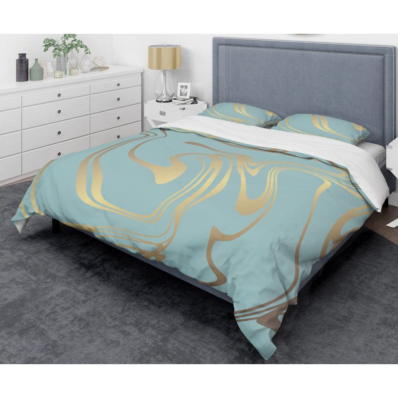 Golden Marble Design I - Ensemble de housse de couette abstrait Glam - Microfibre de polyester