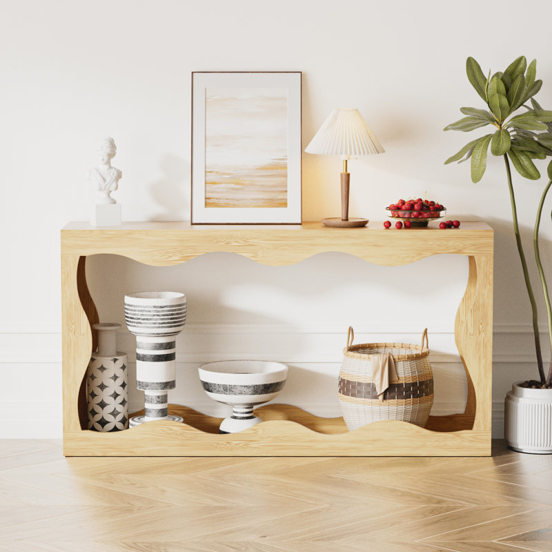 63-Inch Console Table With Storage Space, Light Wood