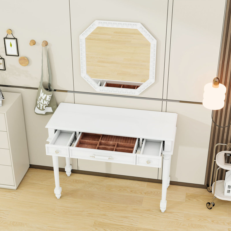3-Drawer Wooden Makeup Desk with Mirror