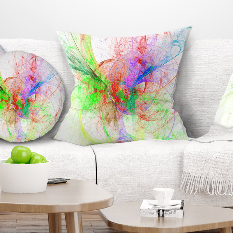 Motif multicolore sur blanc fractal - coussin imprimé abstrait, 16 po x 16 po, Coussin décoratif