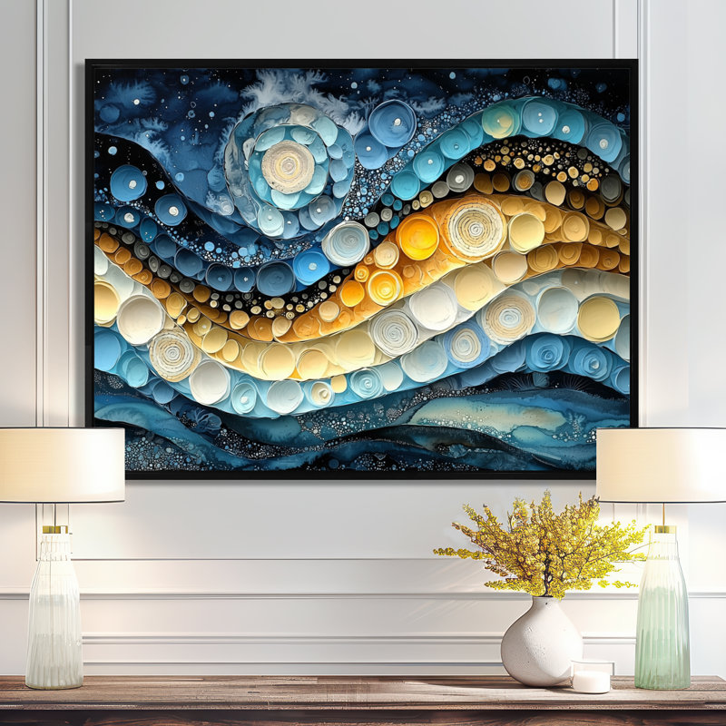 Temporal flux of Moon Abstract Spirals II - Abstract Spirals, art mural, Noir, H 12 po x l 20 po, Cadre flottant