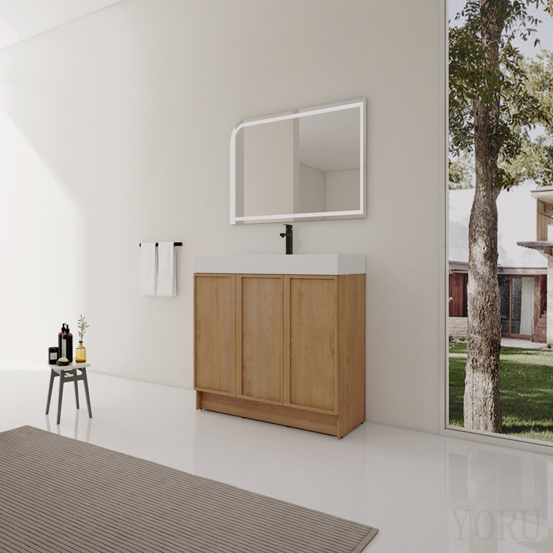 Meuble-lavabo autoportant de 122 cm (120 cm) avec lavabo en résine et 3 portes d'armoire à fermeture amortie, en contreplaqué imitation chêne.