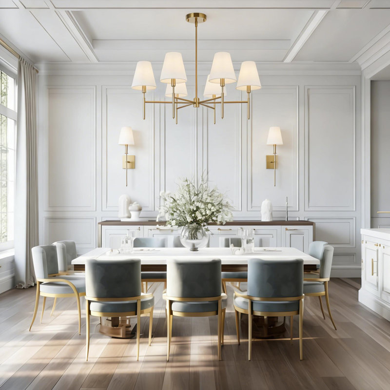 6-Light Modern Fabric Chandelier with 2 Wall Sconces Set for Dining Room, Antique Gold