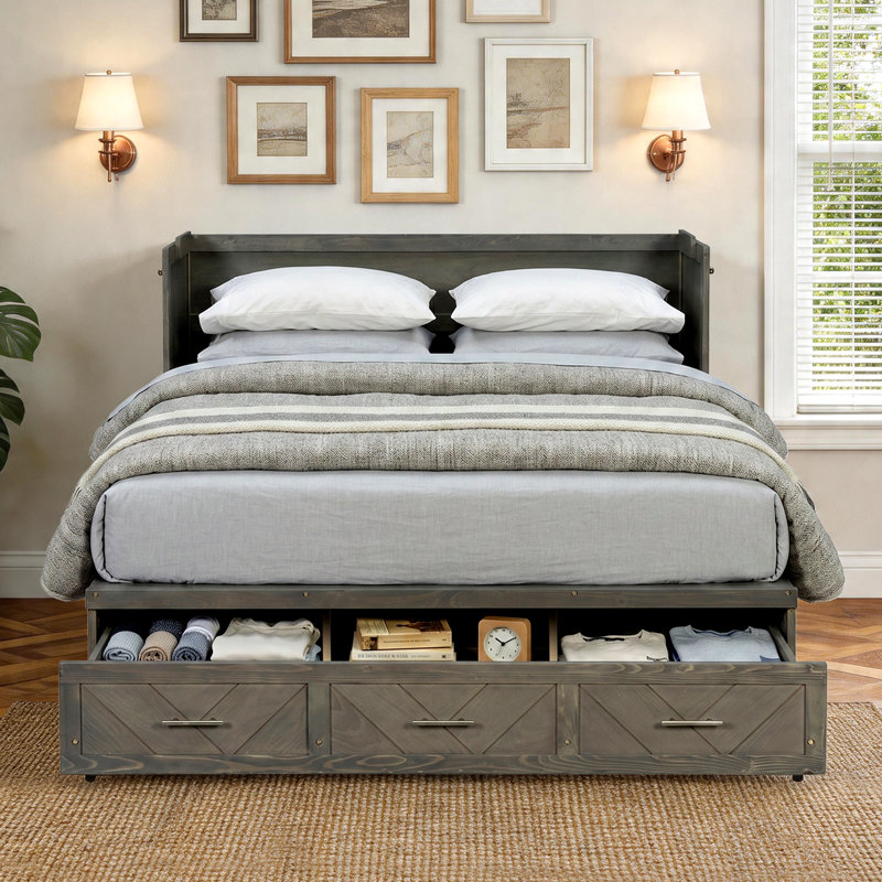 Grand lit escamotable avec grand tiroir de rangement, armoire murale en bois de pin avec station de charge USB intégrée, Grey