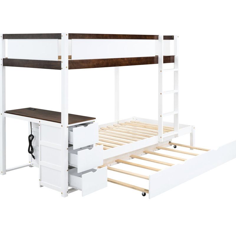 Lit superposé Twintwin à espace amélioré avec bureau, rangement en blanc et noyer pour l'ambiance de la chambre à coucher