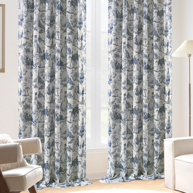 100% Blackout Toile Linen Curtains for Bedroom Double Layer Farmhouse French Country Vintage Printed Pattern Thermal Sound Lined Back Tab Living Room Drapes  2 Panels