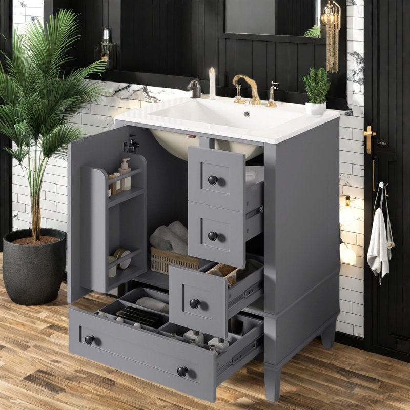 Meuble-lavabo en bois gris 24 po avec évier en céramique de style moderne