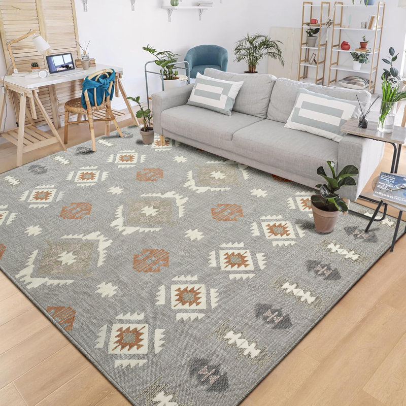 Nova Geometric Pattern Printed Area Rug - Warm Earth Tones on Soft Grey Base, Rectangle 80 x 150 cm