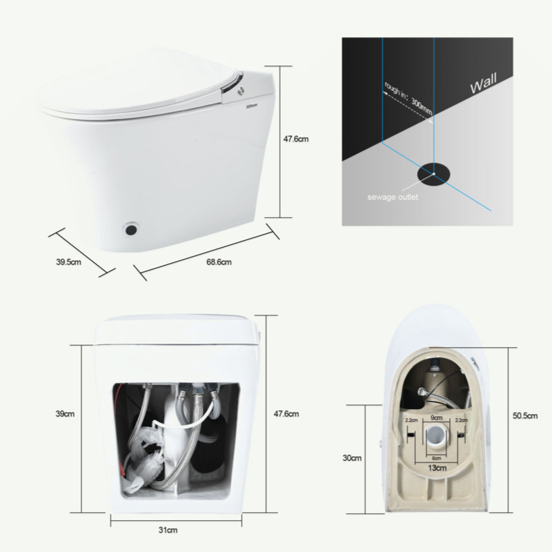 Luxury Smart Toilet With Dryer And Warm Water,  Elongated Bidet Toilet With Heated Seat, With Remote Control, LED Night Light, Power Outage Flushing, Soft Close Cover,Whit