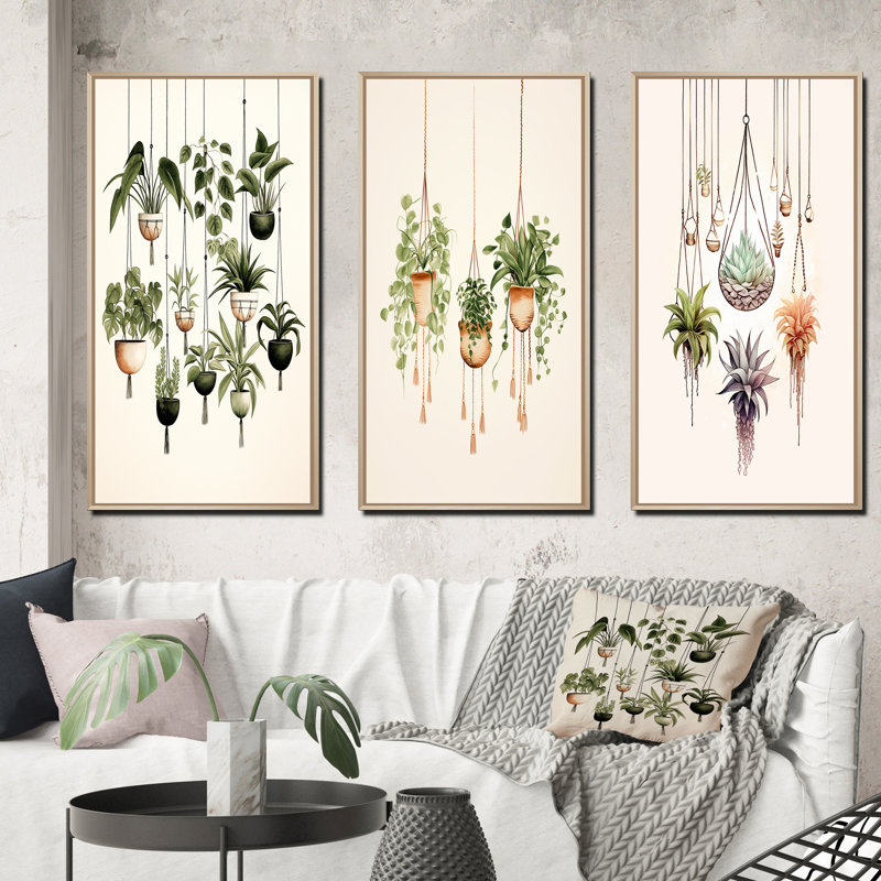 «Hanging Houseplants Boho Botanical Watercolor», 3 pièces sur toile, Cadre naturel flottant, H 20 po x l 36 po