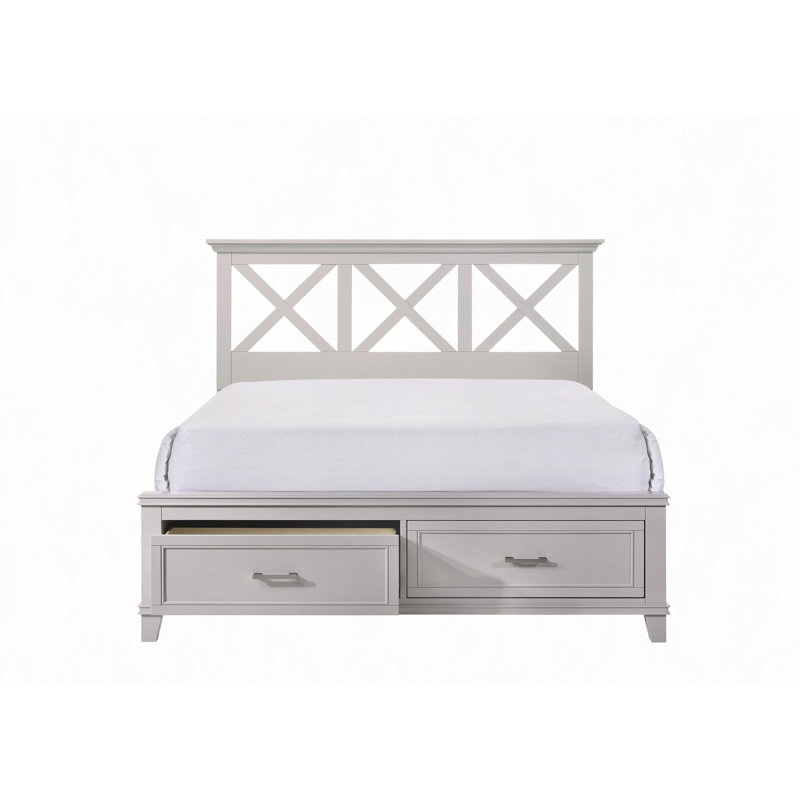 Lit de rangement avec tête de lit en X, structure en peuplier et en bois d'hévéa, style transitionnel avec rangement caché