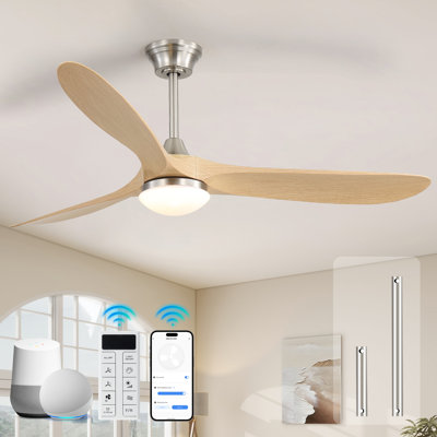 Bartling 60-Inch 3-ABS Blade Modern Ceiling Fan With Light and Amazon Alexa/Voice/Remote/APP Control（Brushed Nickel&Beige）