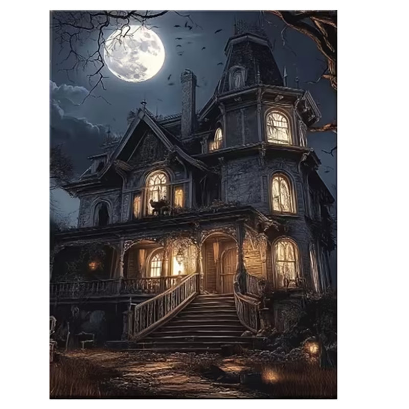 2D Flat, 1pc Gothic Haunted House Wall Art - Spooky Suitable for Halloween Decor with Wrap-Around Wooden Frame Canvas Painting.