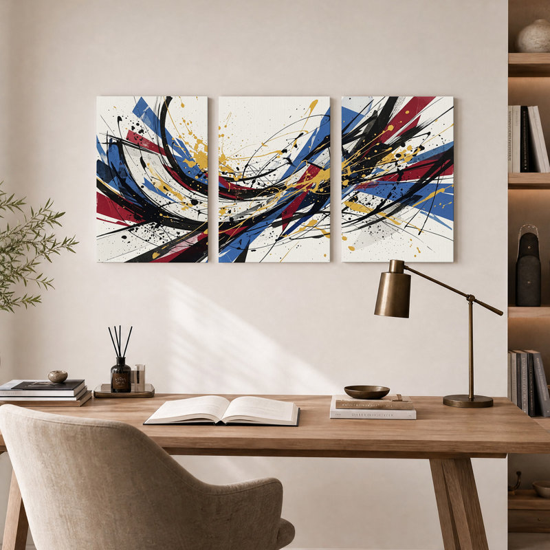 Ensemble de 3 toiles murales abstraites à coups de pinceau rouges, bleus, noirs et dorés, 30"H x 20"W x 3pcs