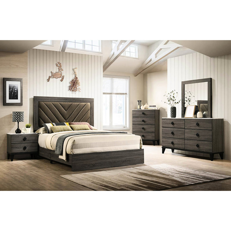 Dark Gray Oak Queen Bed With Rustic Intrigue, Fabric Covered, Assembly Needed