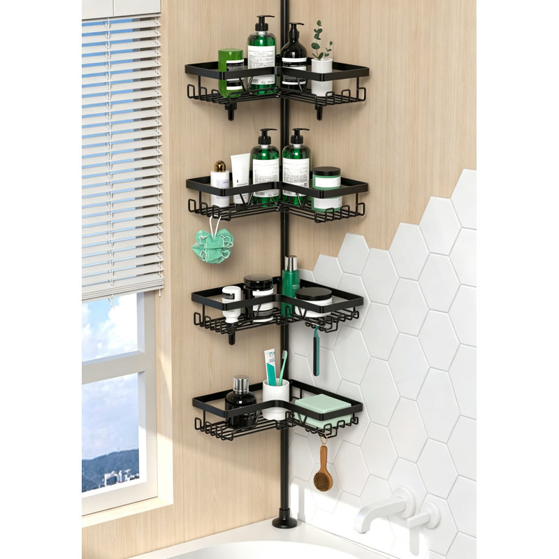 Barre de tension de coin pour chariot de douche - Organisateur de douche antirouille en acier inoxydable à 4 niveaux pour poteau réglable, 25 à 114,2 pouces, noir