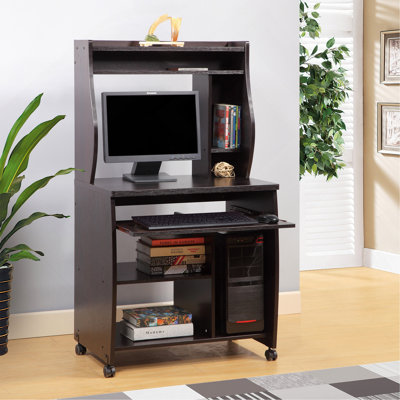 Mobile Utility Cart with Hutch & Spice Rack, Rolling Microwave Computer Cart, Locking Casters, Espresso
