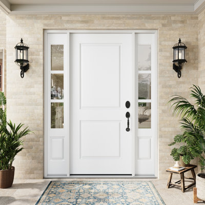 Entry Front Exterior Fiberglass Door 36" x 80" Primed White 2-Panel Prehung Door Fixed Double Sidelite White 3-Lite Clear Glass Door With Jamb, Left-Hand Inswing (Not Included Hardware Kit)