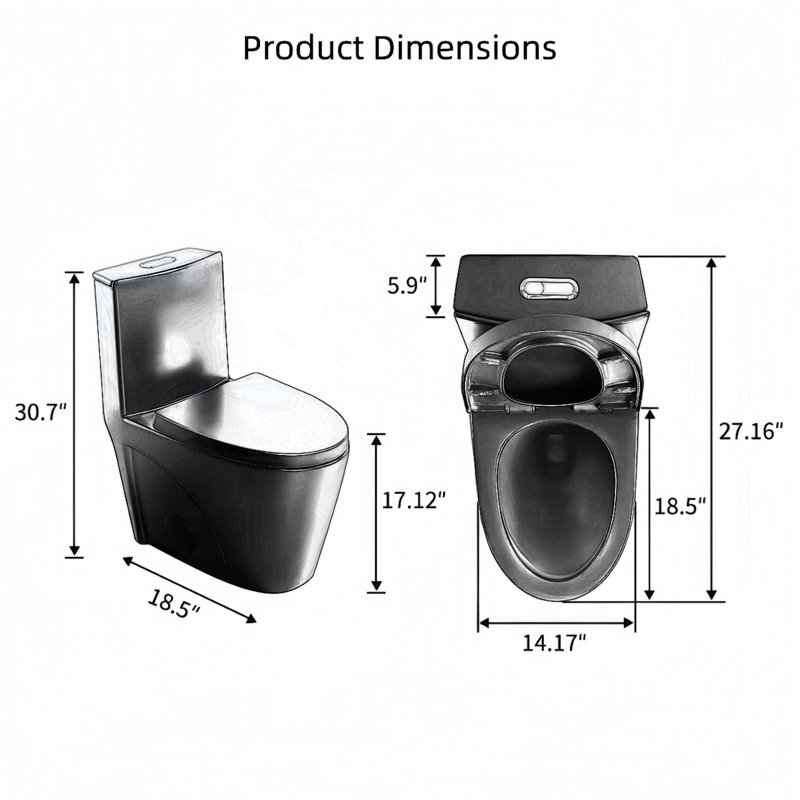 Toilette moderne une pièce, double chasse (1,1 / 1,6 GPF), hauteur ADA, siège à fermeture en douceur, conception en forme de ventilateur