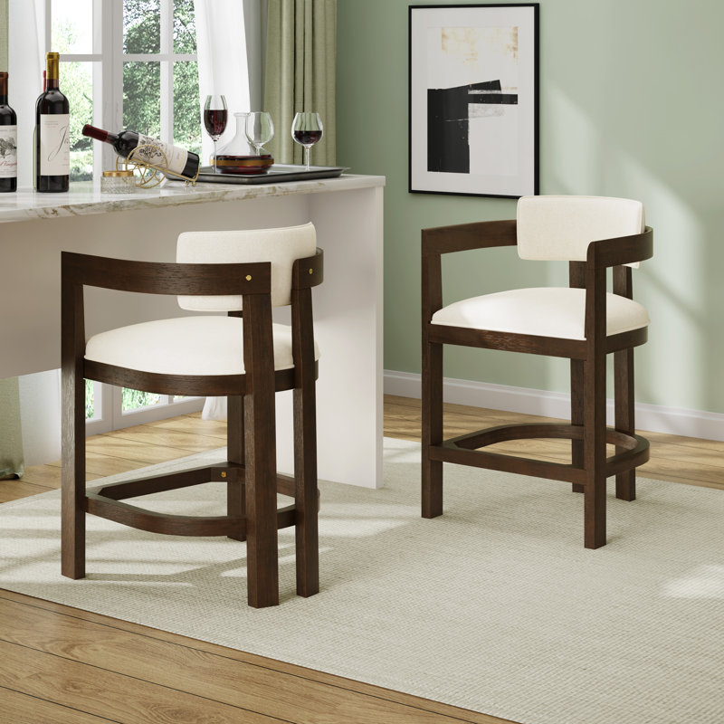 Tabourets de bar rembourrés 26 po Evesham, Siège en polyester beige / structure en noyer