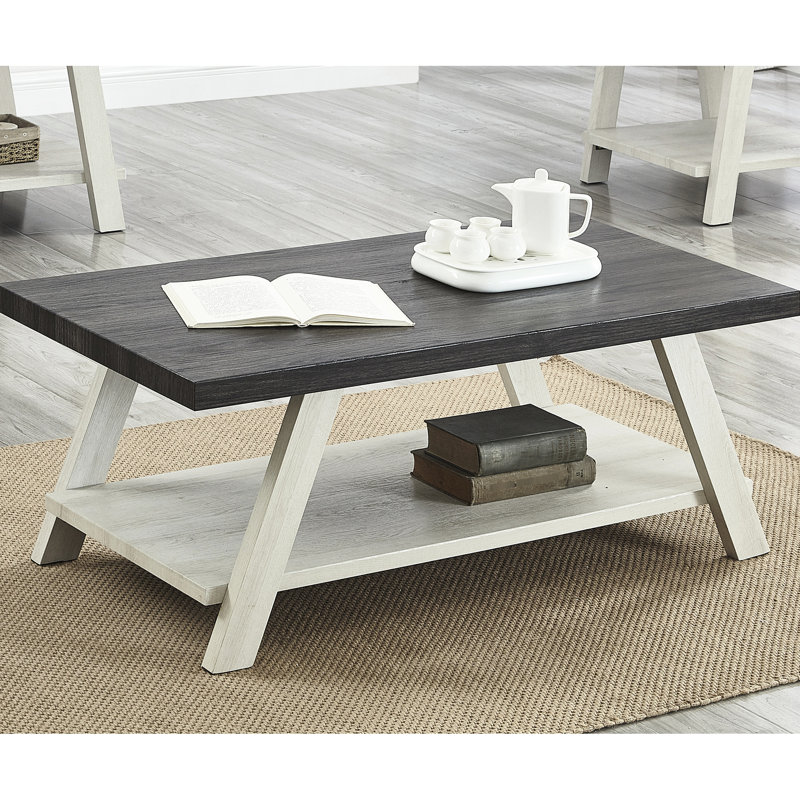 Table basse à plateau rectangulaire avec pieds évasés et tablette - H 48 po x H 19 po bicolore en bois manufacturé de qualité patinée