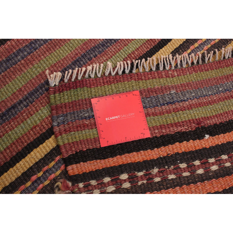 Tapis rouge / noir / vert en laine fabriqué à la main de conception unique Kilim 4 pi 11 po x 10 pi 1 po Kaliyana