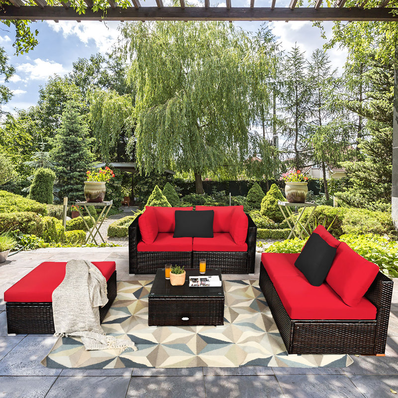 Ensemble de conversation modulaire en rotin avec coussins 6 pièces Planada, Rouge