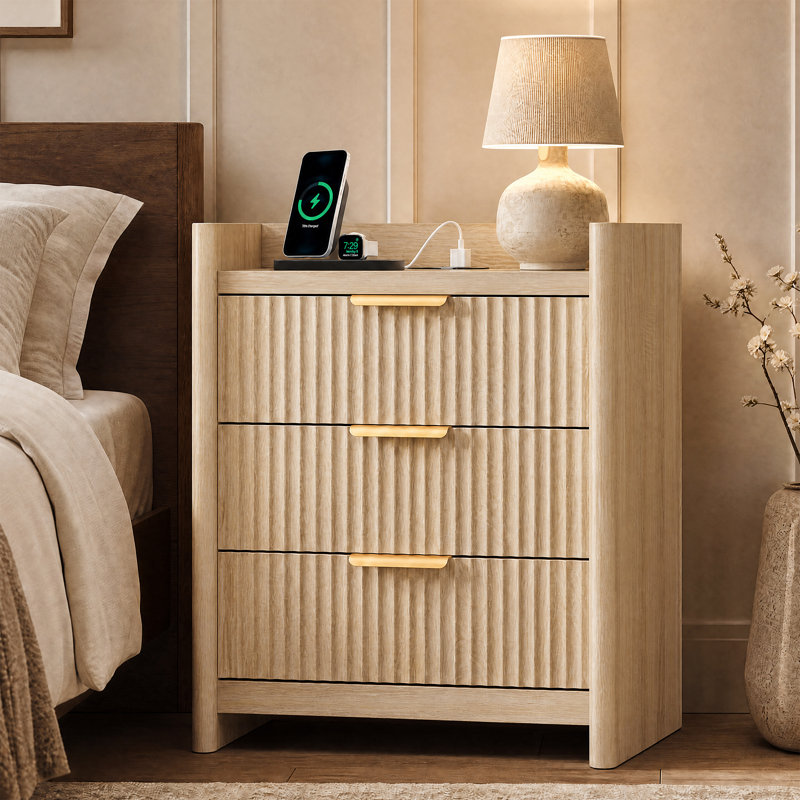 Fluted Round-Edge Dark Walnut Nightstand, 24" Wide With 3 Drawers & Built-In Power Outlet, Walnut