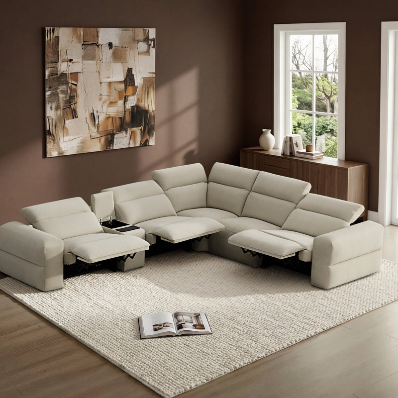Canapé de 138 po à inclinaison électrique à siège souple avec motif mural zéro et tissu 100% polyester, Polyester gris crème