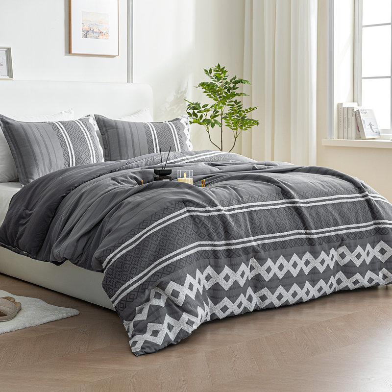 Ensemble d'édredon très grande taille 3 pièces Sleep Zone, Édredon très grand surdimensionné + 2 taies dé, Vichy gris foncé