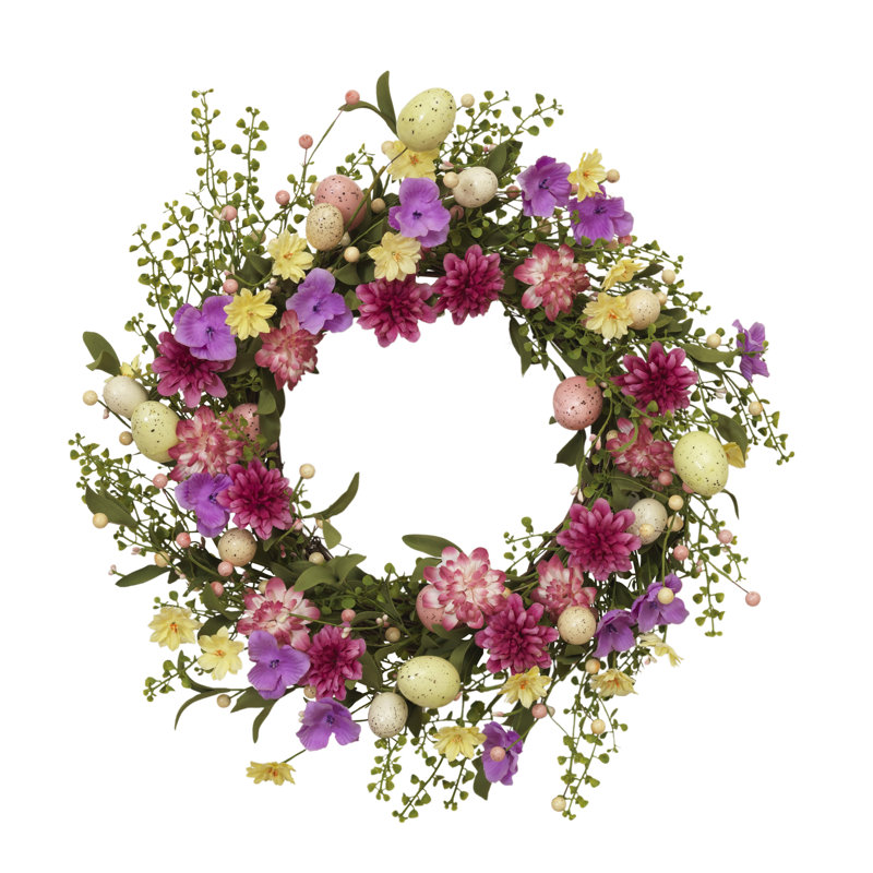Couronne de 24 po de brindille naturelle 24 po - Accents floraux printaniers colorés avec œufs mouchetés décoratifs
