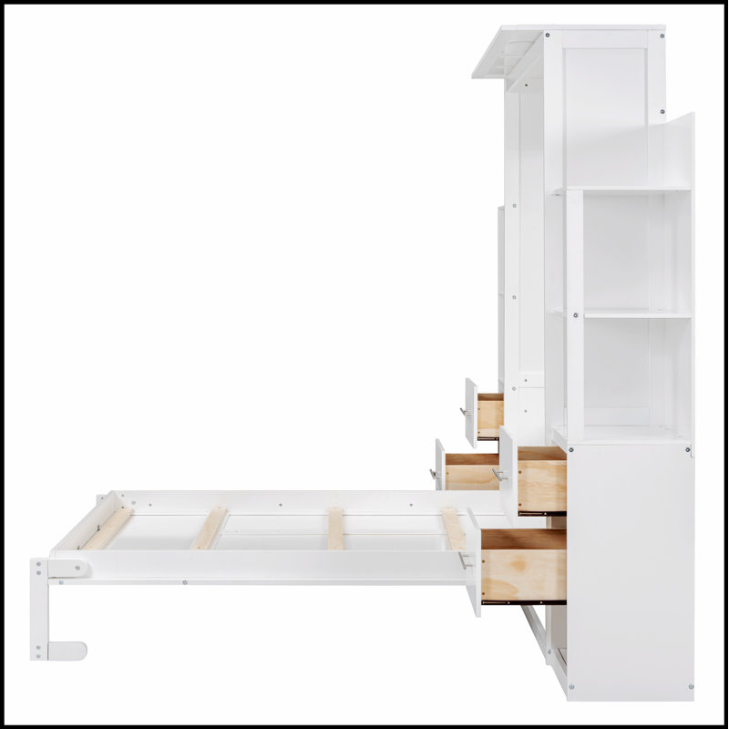 Lit escamotable peu encombrant avec tablettes, tiroirs et veilleuse à DEL pour un rangement efficace et confortable, Gris