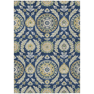 5' X 8' Navy Blue Gold And Beige Floral Washable Indoor Outdoor Area Rug