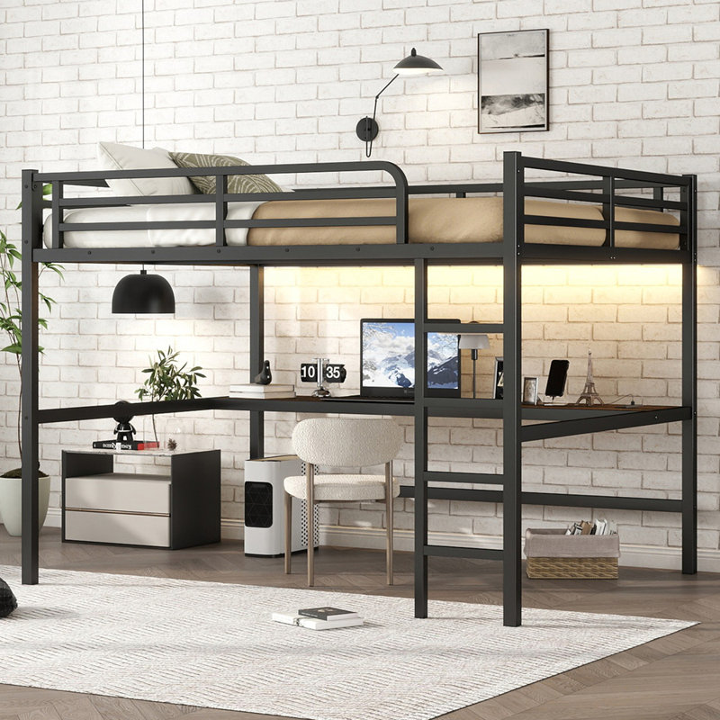 Metal Queen Size Loft Bed with Power Outlet and LED Lighted, Space-Saving, Noise Reduced