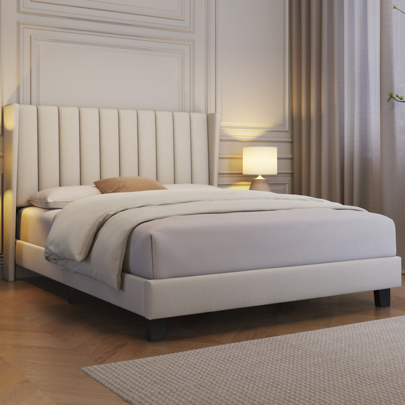 Upholstered Bed Frame with Channel Tufted Headboard, Kingsize (5'), Beige