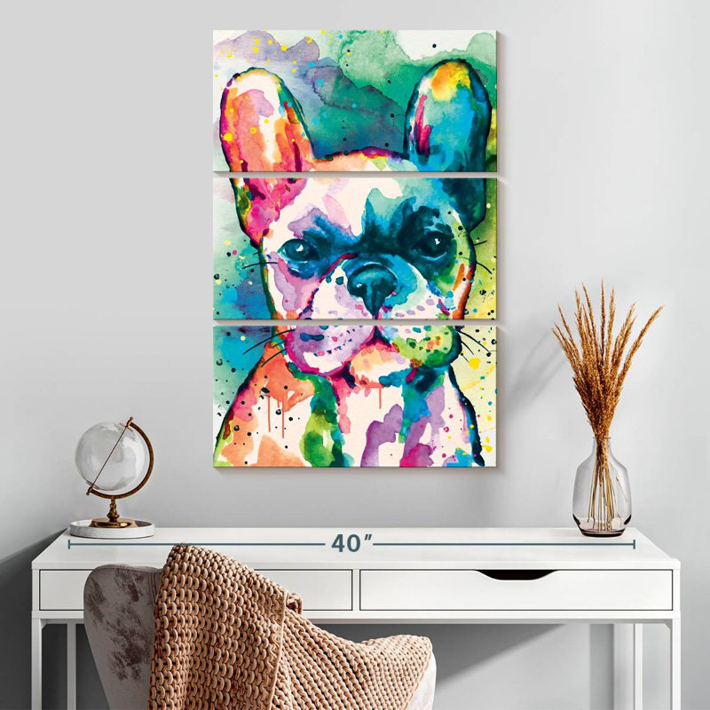 Bouledogue français, peinture, éclaboussures, 3 pièces, H 32 po x l 20 po x P 1,25 po