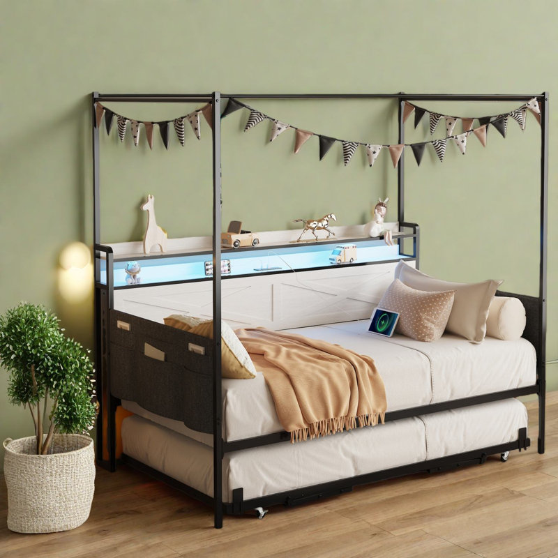 Space-saving Twin Beds Frame With Metal Trundle, Modern White Design