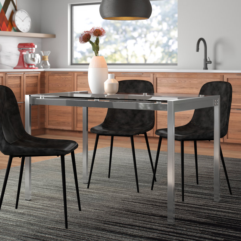 Brieon Rectangular Metal Dining Table, Silver, Clear Glass